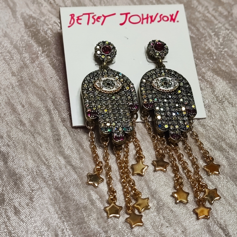 Betsey Johnson Evil Eye Hansma Beaded Rhinestone Crystal Enamel Pierced Earrings
